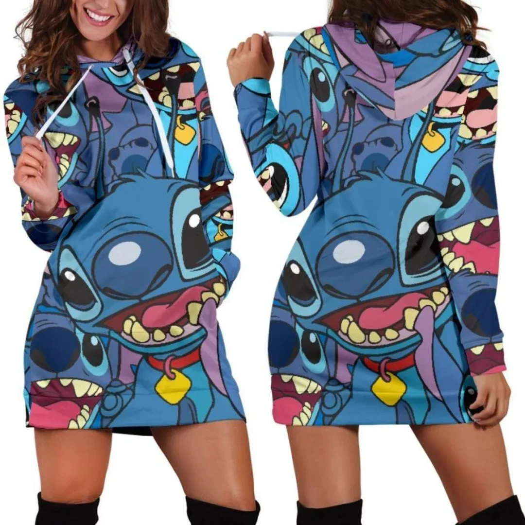 Nuevo vestido con capucha de Disney Stitch, suéter, vestido de moda de Disney, sudadera, vestido con estampado 3d, Sudadera con capucha Y2k para mujer # 01