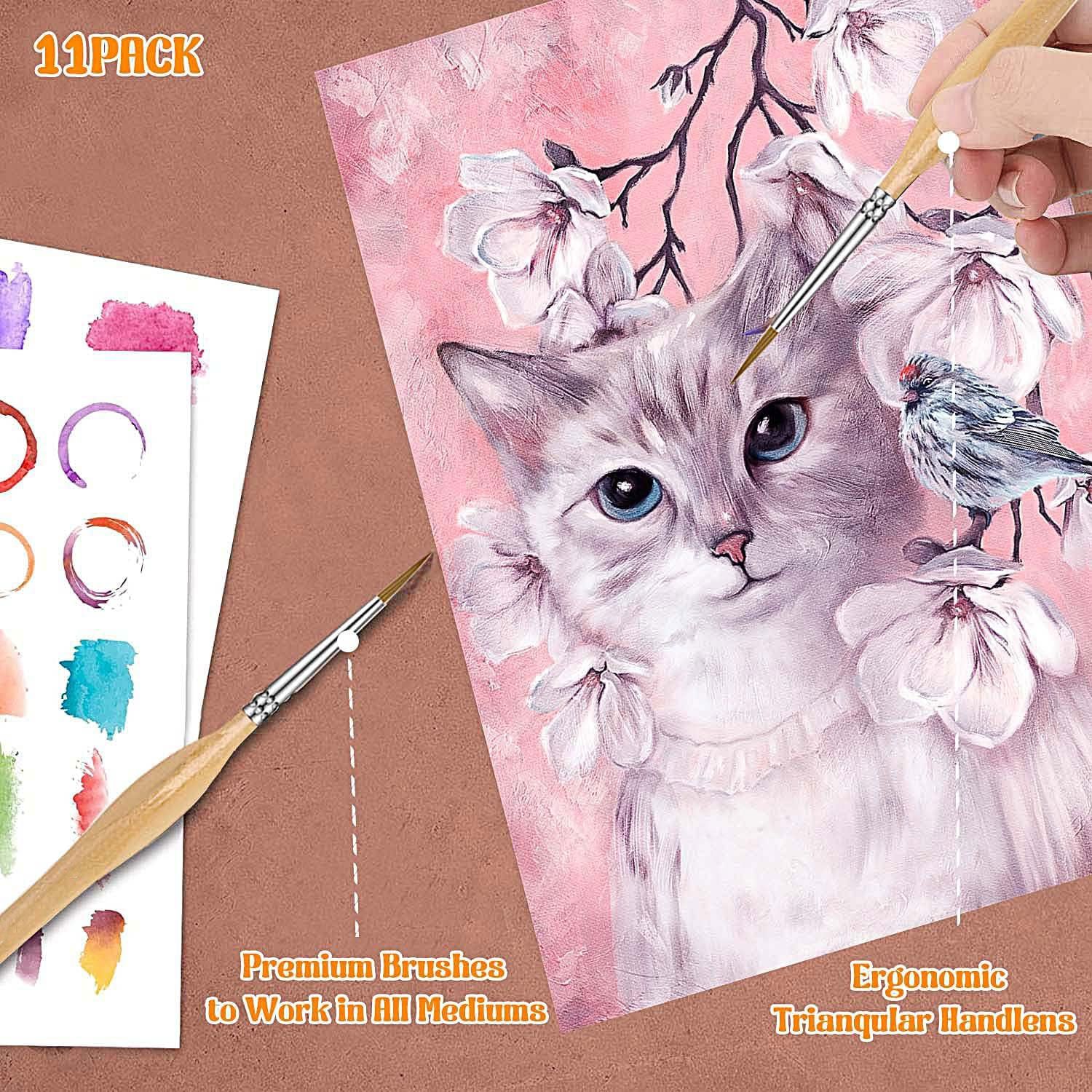 Conjunto de pincéis de pintura de detalhes em miniatura premium, 11 peças com haste triangular de madeira natural para modelos de artesanato a óleo de aquarela, desenho de linha ótimo