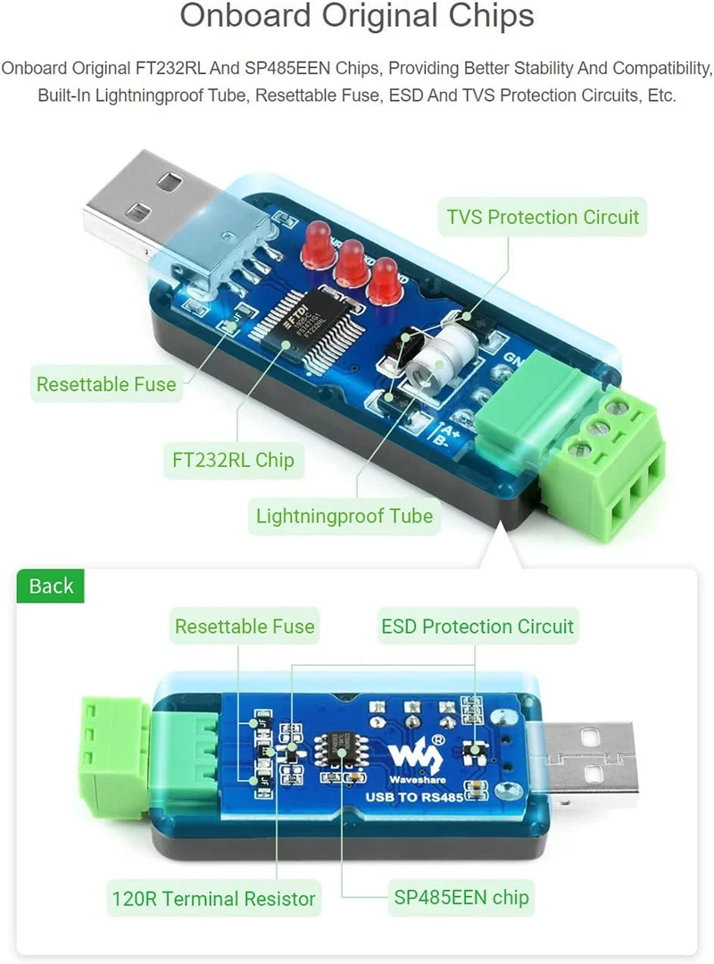 Промышленный преобразователь Waveshare USB в RS485, оригинальный FT232 с защитными схемами, совместимый с телевизорами