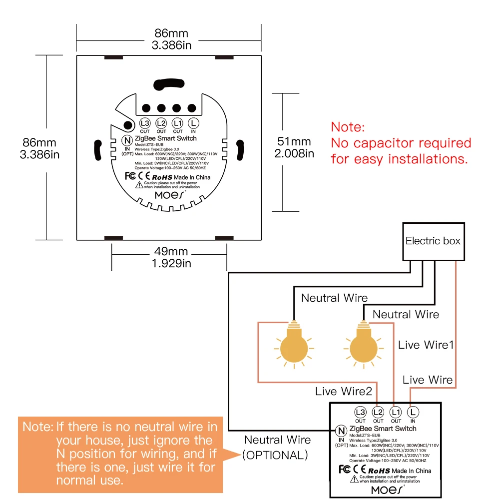 송신기 키트가 있는 MOES Tuya ZigBee 조명 스위치, 중성선 없음 정전용량 필요 없음 Alexa Google 홈 스마트 라이프와 함께 작동