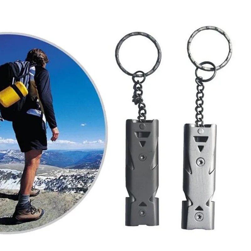 Doppelrohr Explosive Whistle Outdoor Distress Edelstahl Hochfrequenz-Erdbeben-Rettungspfeife Überlebenspfeife