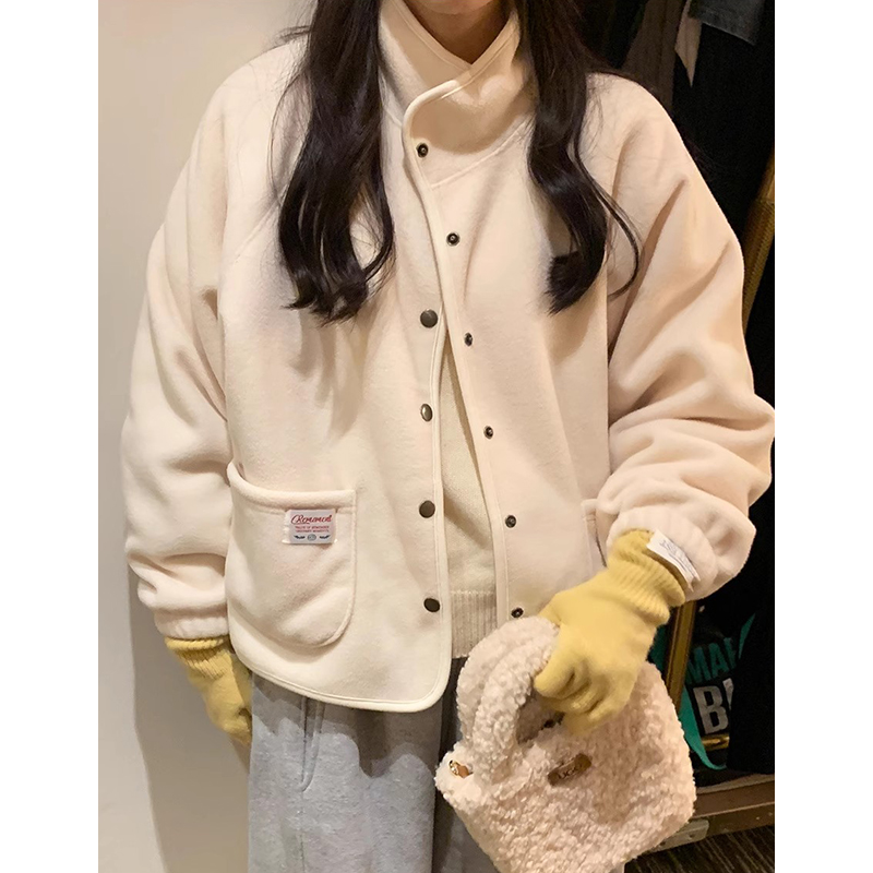 Chic Double-Sided Fleece Outerwear Women's Loose Long Sleeve Stand Collar Single Button Jacket Autumn Winter Commute Sle