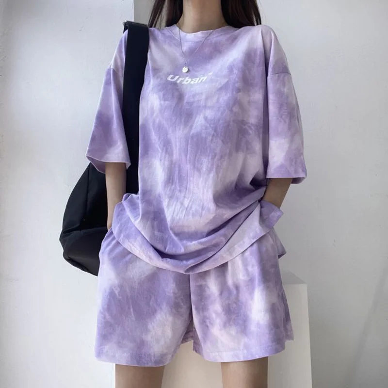 Damen-T-Shirt-Shorts-Anzug-Set, lässig, Batikmuster, lockeres T-Shirt und mittlere Shorts mit weitem Bein und Taschen, weibliche weiche Sommer-Shorts-Sets