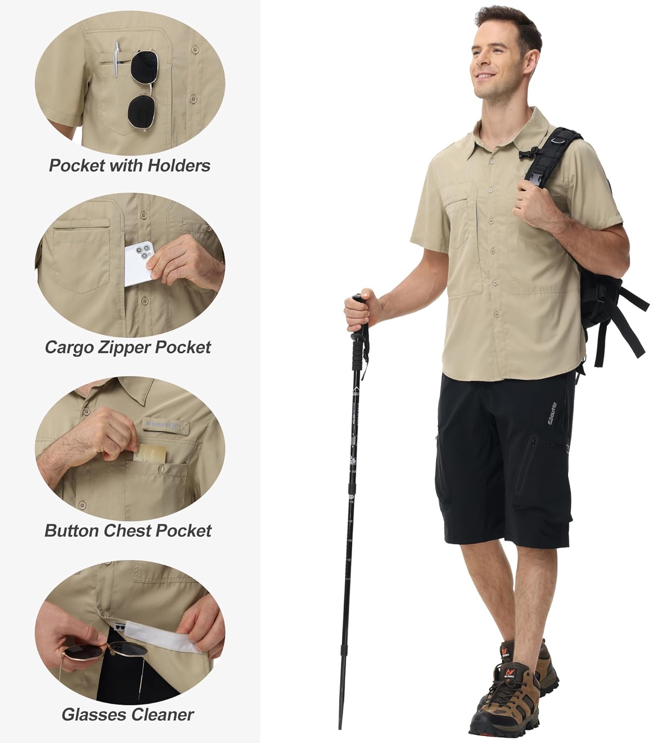 Kurzärmlige, leichte Angelhemden für Herren, atmungsaktives UPF 50+ Cargo-Hemd, taktische Button-Down-Hemden mit Reißverschlusstasche
