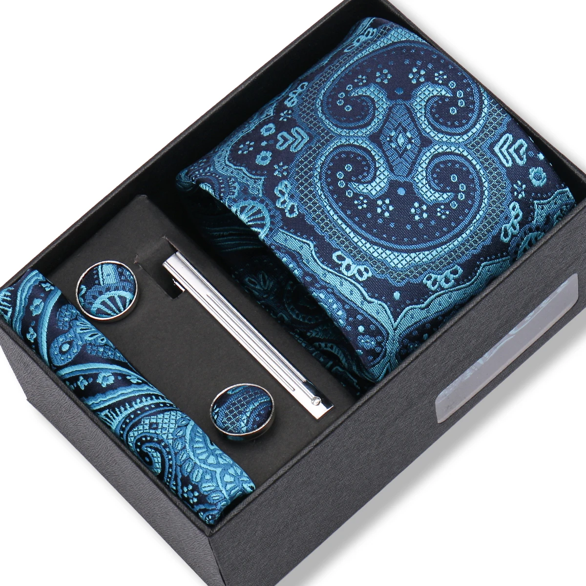 Hochwertiges Krawatten-Set, Geschenkbox, Krawatte, Einstecktücher, Manschettenknöpfe, Krawattenklammer-Set mit schwarzer Box, Herren-Geburtstagsgeschenk, Gravatas-Zubehör