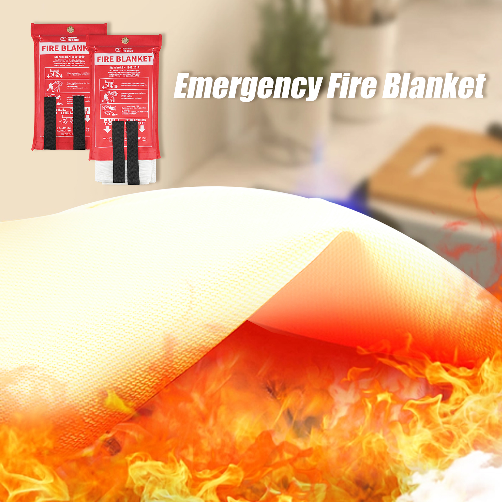 RHINO RESCUE Fire Blanket, 40''×40'' Fiberglass Emergency Fireproof Gear, Flame Retardant Protection for Home, Kitchen