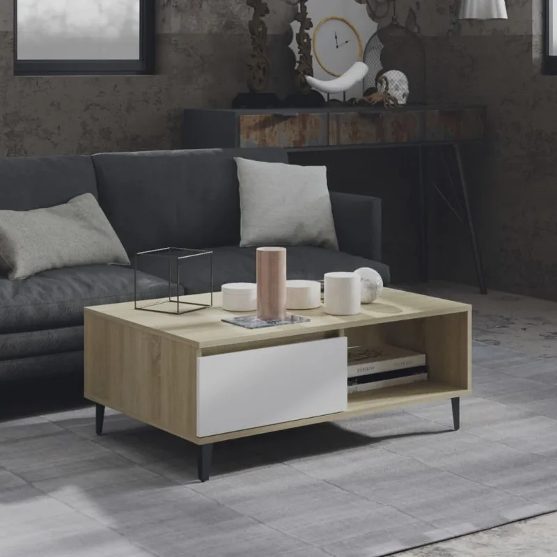 Couchtisch Weiß und Sonoma-Oak 90x60x35 cm aus Holzwerkstoff - Modernes Design, robust und praktisch für den Wohnraum