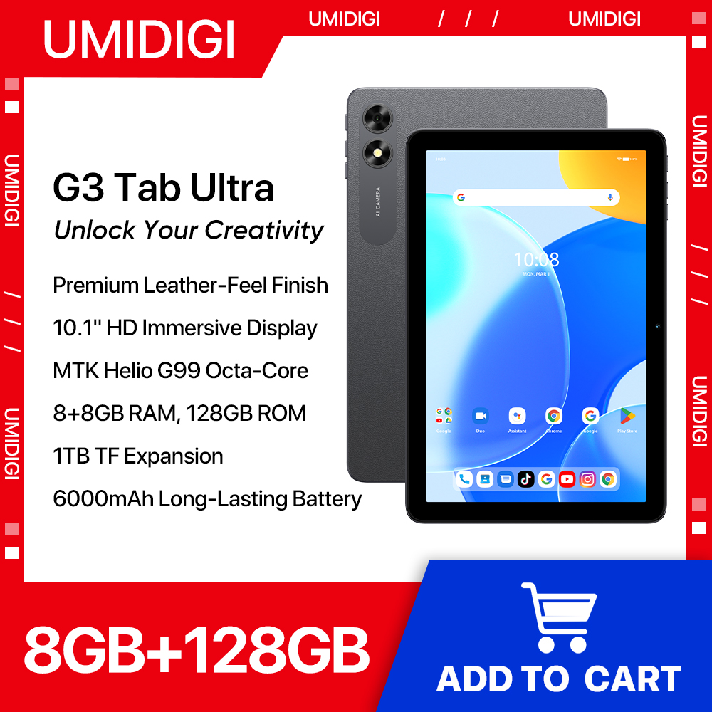 Umidigi g3 tab ultra mtk g99 octa-core 10.1 ”hd 8 + 8gb 128gb 1tb tf expansão android 13 8mp + 8mp 6000mah bateria de longa duração 18w