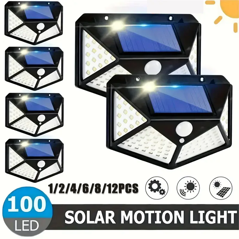 1 ~ 12 Uds 100 LED lámpara Solar de pared 4 lados luminosos con Sensor de movimiento exterior jardín patio impermeable luz de pared