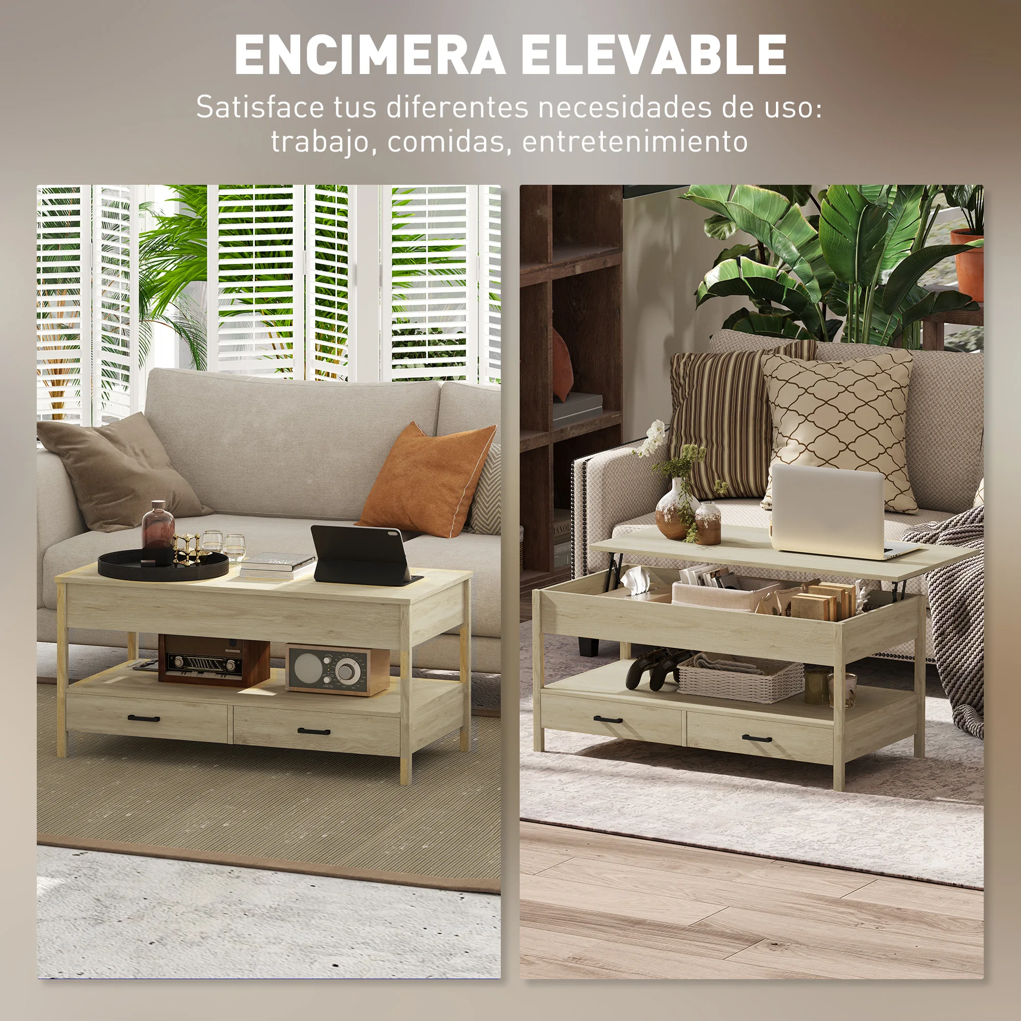 Homcom anhebbarer Couchtisch mit Stauraum, verstecktem Fach, Schubladen und offenem Regal, 100 x 50 x 48–62 cm, Eiche