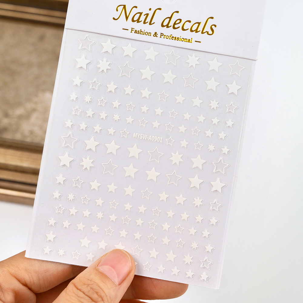 Black White Star 3D Nail Art Sticker Y2K Pentagram Self-Adhesive Decals Laser Shiny Glitters Starlight Manicure Ornaments Slider