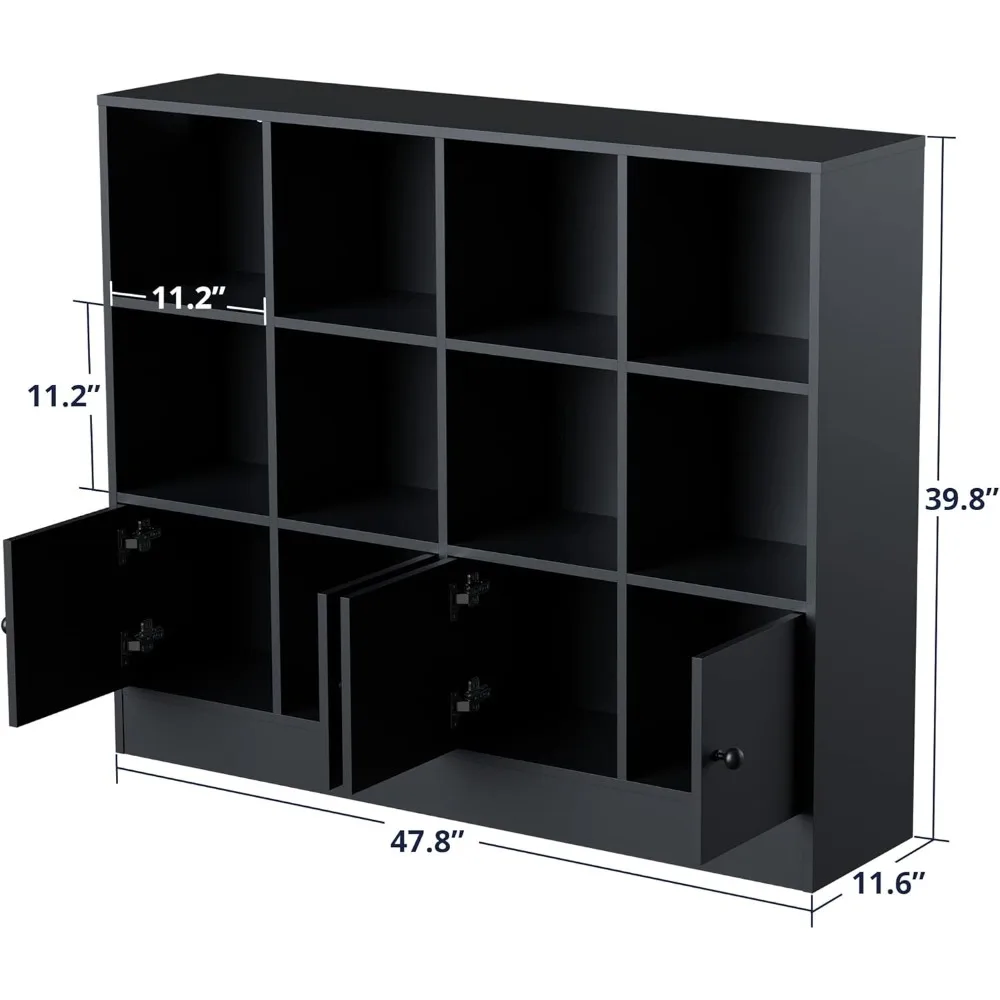 Black Wood Bookcase,12 Cube Storage Organizer Bookshelf with 4 Doors,3 Tier Storage Cabinet with Adjustable Shelves for Bedroom