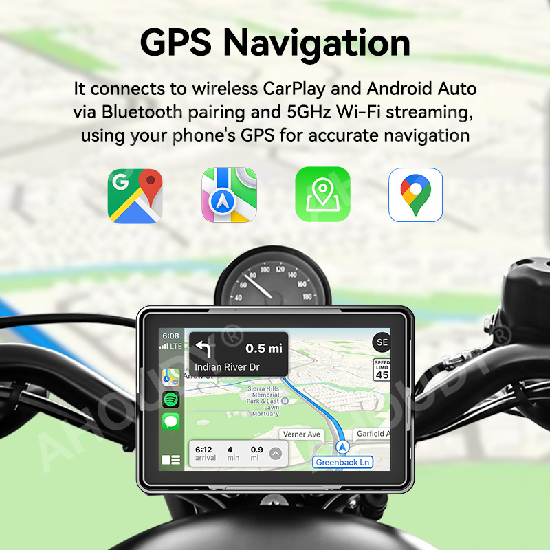 AHOUDY 5 дюймов мотоциклетный навигационный портативный экран беспроводной Carplay Android Auto IP67 Bluetooth 5G WIFI модуль