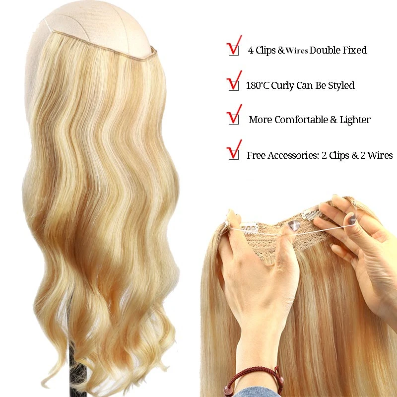 Fio em extensões de cabelo humano linha de peixe em linha extensões de cabelo de fusão natural com clipes extensões de cabelo de trama para mulher