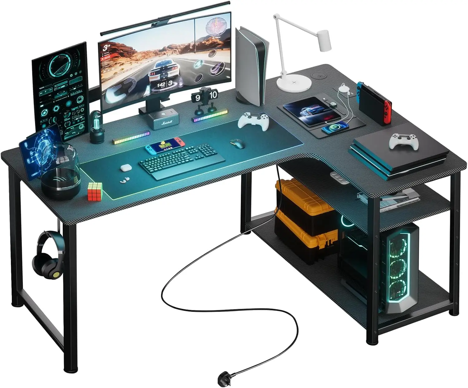 COMHOMA tavolo da gioco con ripiano, scrivania ad angolo con presa e porta di ricarica USB, scrivania per computer da 120 cm a forma di L, tavolo per PC per ufficio, ufficio domestico