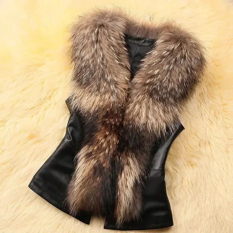 Frauen Leder Jacke Pelz Kragen Nähte Simulation Leder Übergroßen Waschbären Herbst Winter Einfarbig Ärmellose Weste Mantel