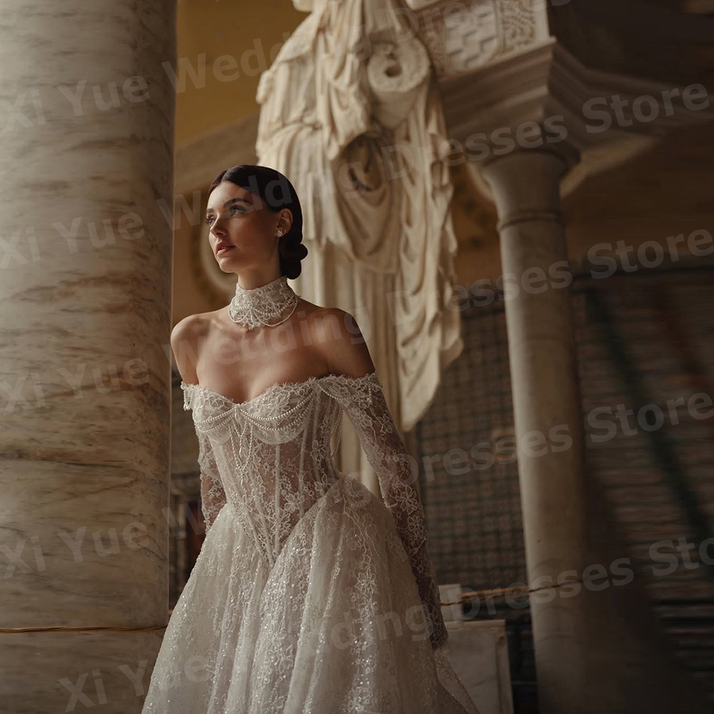 Сверкающие женские свадебные платья трапециевидной формы с длинными рукавами и кружевной аппликацией Robe De Mariage, платья невесты по индивидуальному заказу, платье с открытыми плечами