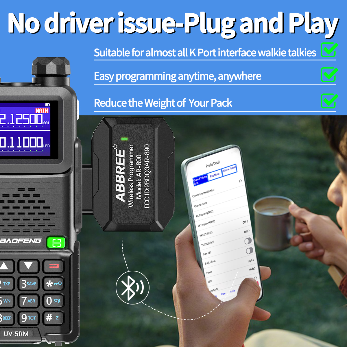 Abbree Bluetooth Wireless Programmierer für Walkie Talkie Plug & Play ohne Treiber Ausgabe Telefon App Programmierung für Baofeng UV5R BF888s