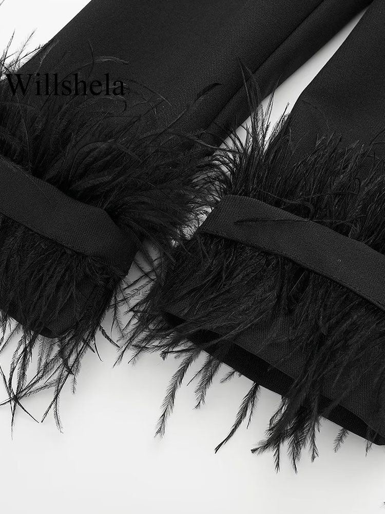 Willshela moda damska satynowa czarna z piórami marynarka Vintage karbowany dekolt zapinany na jeden guzik długie rękawy stroje damskie