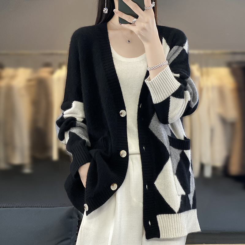 Sweater cardigan wanita, mantel wol murni leher V warna cocok longgar musim gugur dan dingin 2023