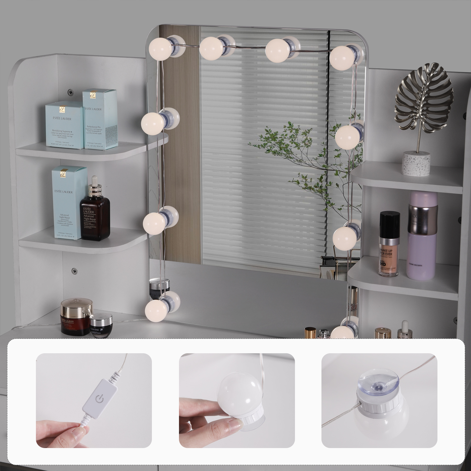 WOLTU Bureau de vanité en or blanc avec miroir Éclairage LED 2 tiroirs Commode moderne Coiffeuse Table de maquillage pour chambre à coucher Maison