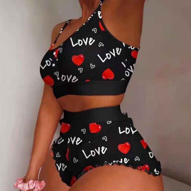 Liebe Gedruckt Spitze Sling Crop Tops und Shorts Sommer 2-Stück Pyjama Set Frauen Nachtwäsche Hause Kleidung Loungewear pijamas