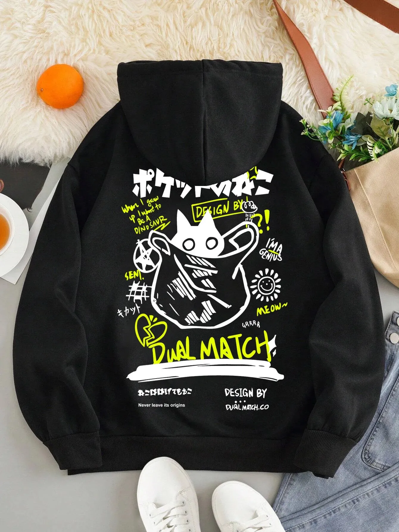 Moletom com capuz estampado unissex de comércio eletrônico transfronteiriço 2025 com capuz de gato preto e estampa de letras, manga comprida casual e confortável