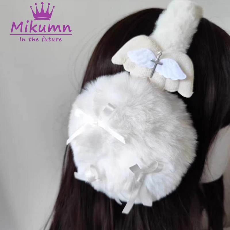 Harajuku Y2K Angel Wings Bow Earmuff para meninas, pelúcia fofa, regalos de ouvido quentes, proteção ao ar livre, capa de ouvido feminina, bonito, inverno