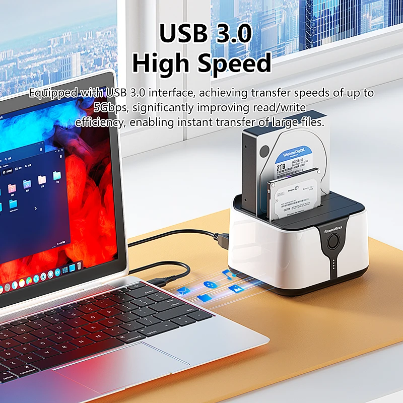   Blueendless 2-Schacht-HDD-Box-Gehäuse, HDD-Dockingstation, SSD-Gehäuse, Dual-Schachtel, Offline-Klon, SATA auf USB 3.0-Adapter für 2,5 3,5 SSD-Festplatte