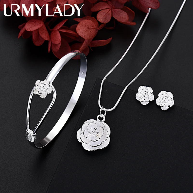 Fine 925 เงินสเตอร์ลิง Charm ดอกไม้สร้อยคอต่างหูกําไลข้อมือเครื่องประดับสําหรับผู้หญิง Retro ชุดงานแต่งงานของขวัญอินเทรนด์น่ารัก