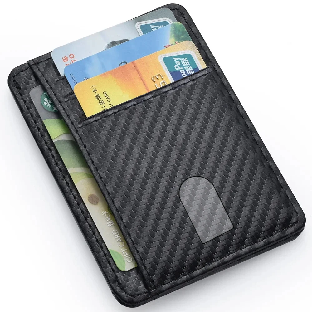 Carteras de bolsillo frontal minimalistas y delgadas para hombre, billeteras de cuero PU con bloqueo anti Rfid protegido, tarjetero de identificación mágica