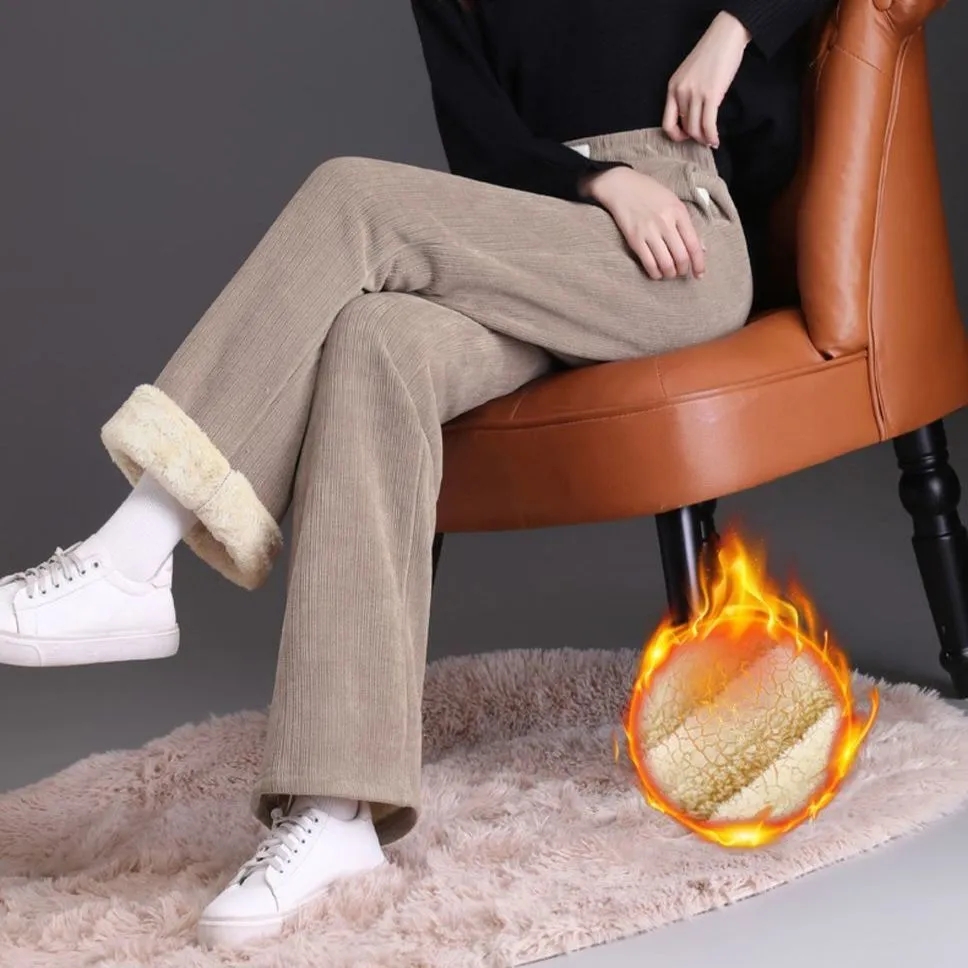 Winter Fleece Lined Wide Leg Pants Casual Thicken Warm Baggy Sweatpants Women High Waist Korean Lamb Fluff Straight Pantalones