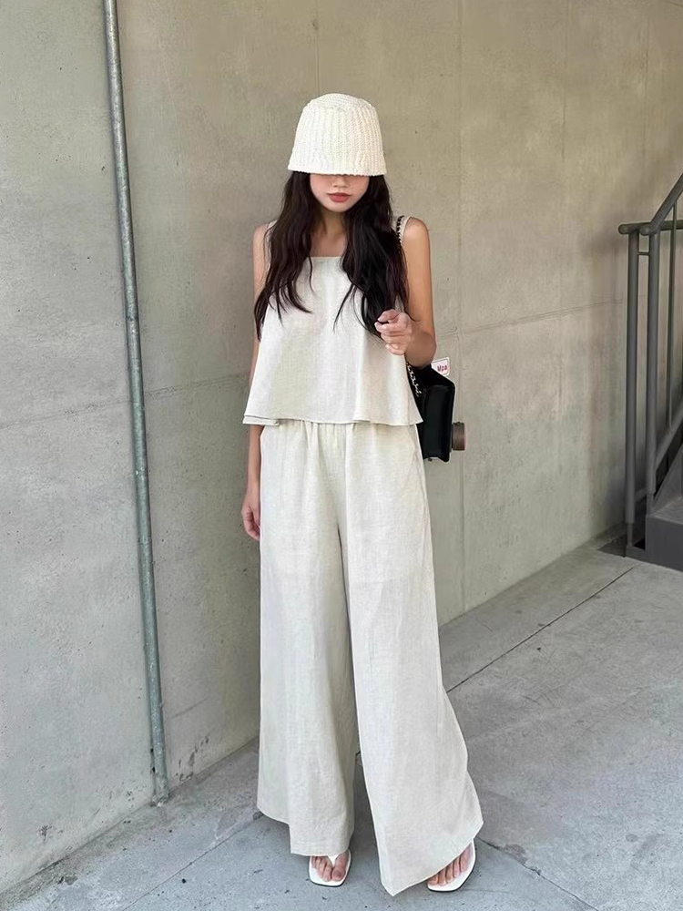 シックな夏のヴィンテージルーズ多用途スクエアカラートップ + ハイウエストカジュアルパンツ 2 点セット若い女性のための 18-25 歳