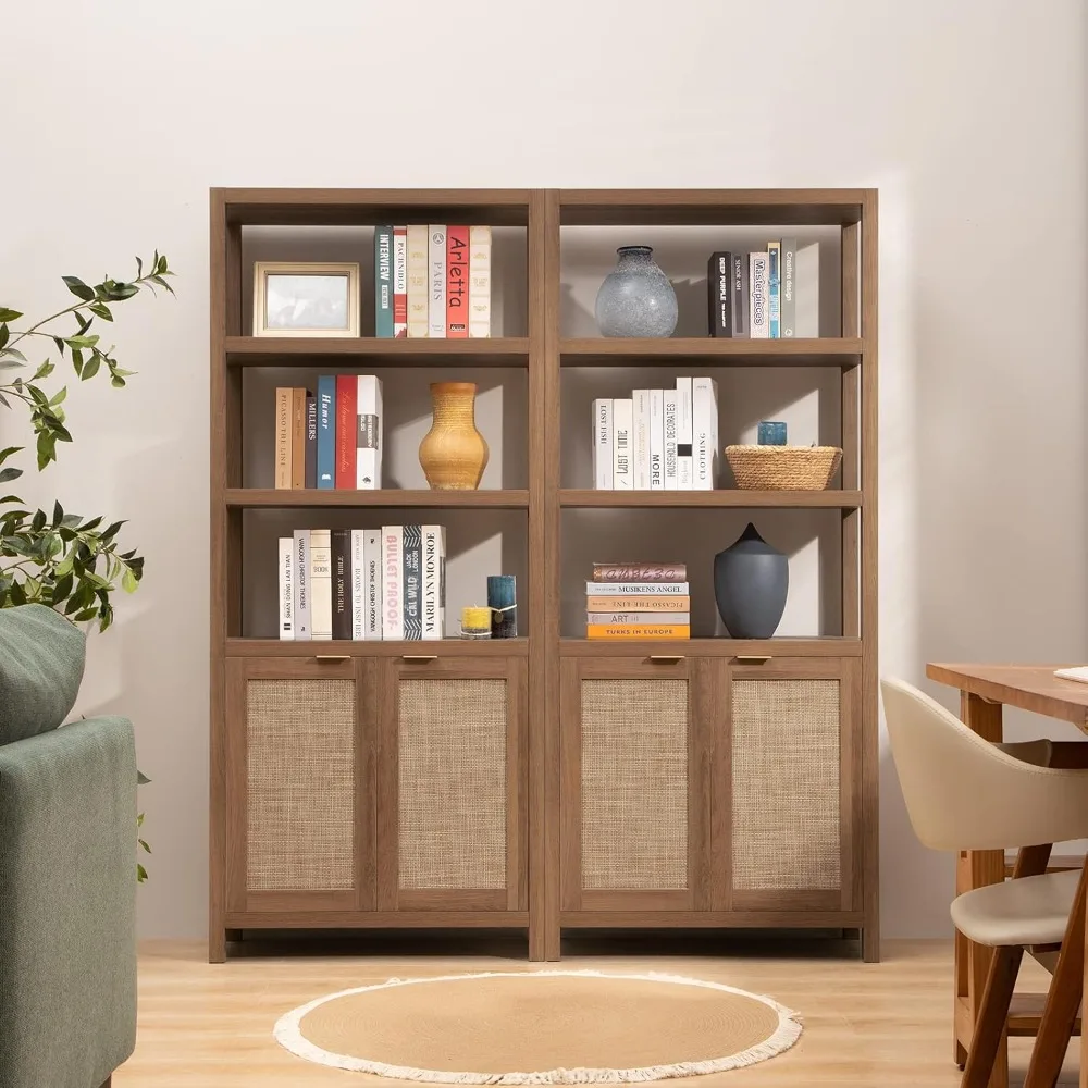 Bookshelf 5 Tier Book Shelf Rattan Boho 71" Tall Bookcase with Doors Storage Shelves Large Bookshelves Farmhouse Bookcases