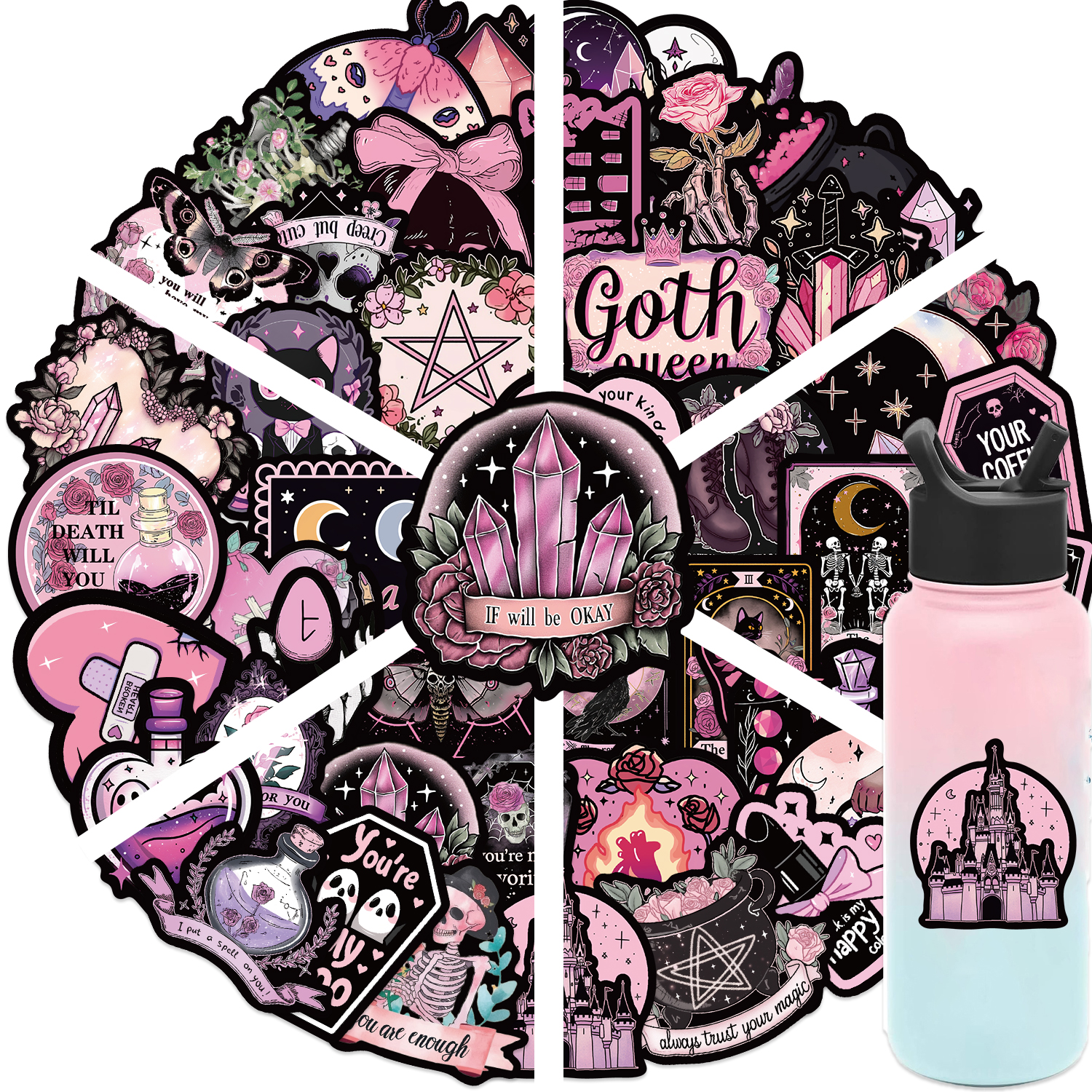 50 Uds. De pegatinas de grafiti de calavera gótica rosa fresco, pegatinas góticas de PVC impermeables para equipaje y álbum de recortes DIY
