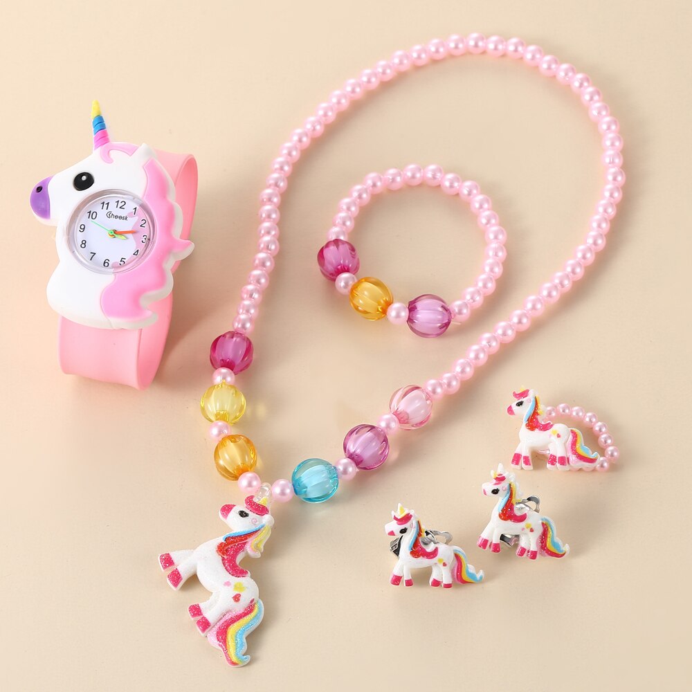 Kinderen Regenboog Paard Patter Horloge Sieraden Set Ketting Oorbellen Ring Armband Geschenken Voor Kinderen En Meisjes
