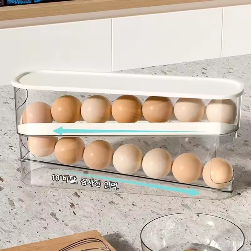 Double Automatic Slide Type Egg Carton Roller Refrigerator Side Door Kitchen Countertop Egg Storage Organizer Egg Holder