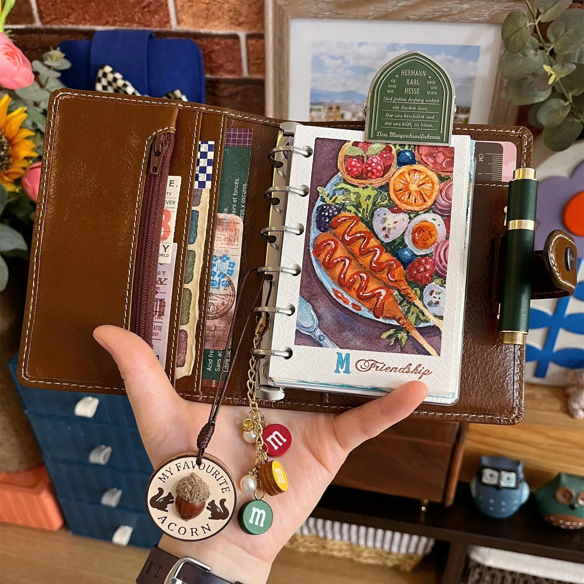 M5 PU Leather Loose Leaf Notebook with Detachable Hand Book 5-Hole Filler Paper Portable Plan Notebook Card Holder Planner