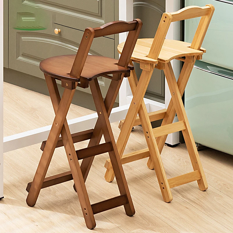 Bamboo Foldable Bar Chair Portable High Counter Stool Space Saving with Backrest Nordic Coffee Shop Dining Furniture