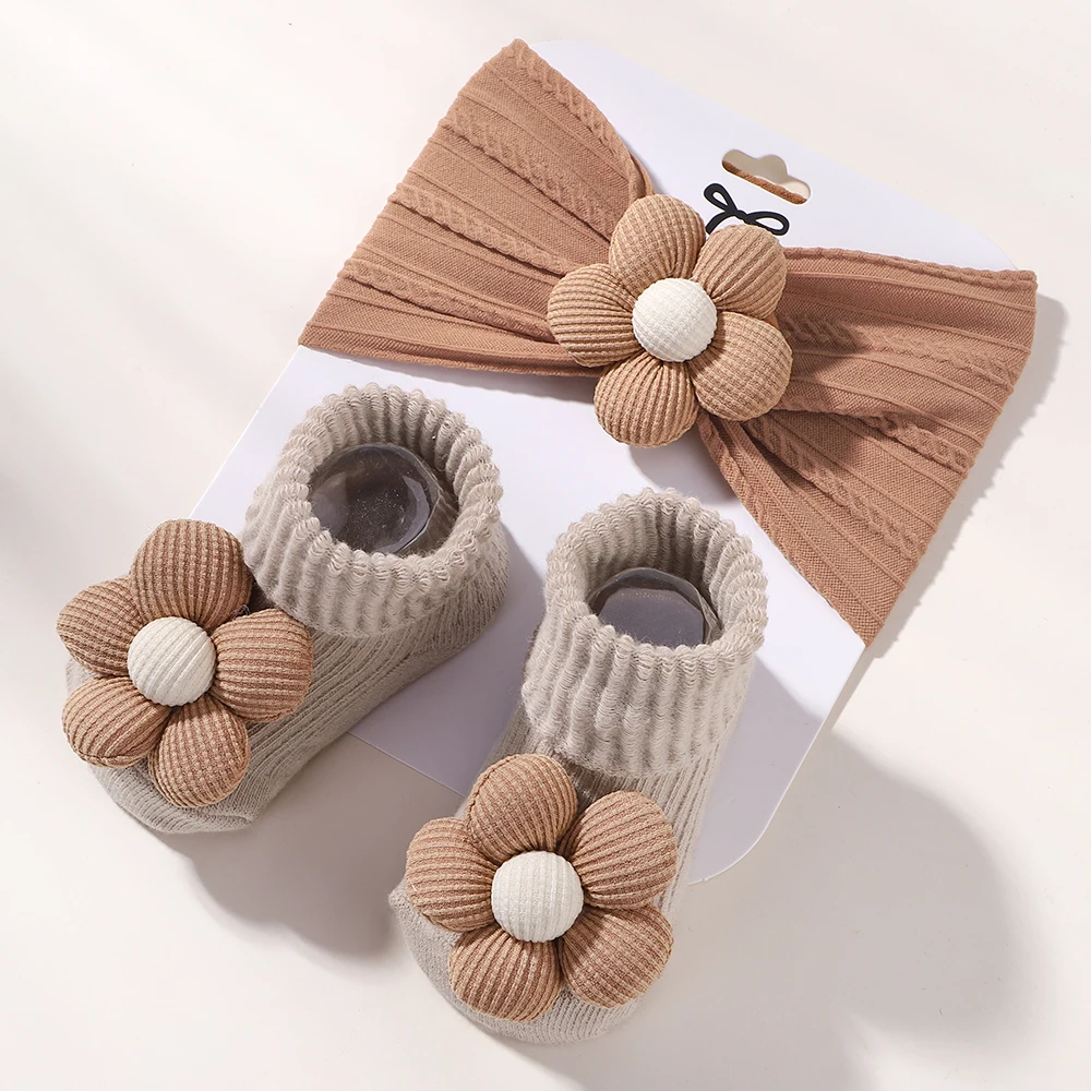 2 pezzi di calzini per fascia per capelli con fiori Set fascia per capelli in nylon morbido per ragazza appena nata turbante floreale elastico calzino corto copricapo per neonati