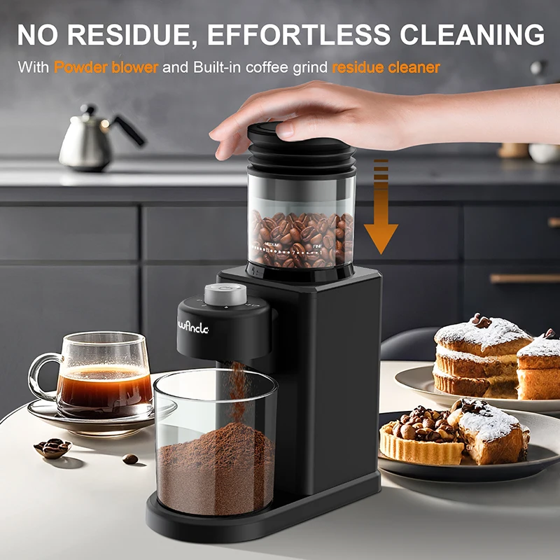 Molinillo de café Molinillo cónico eléctrico automático con soplador de polvo 25 molinados precisos para prensa francesa de café expreso 2-12 tazas