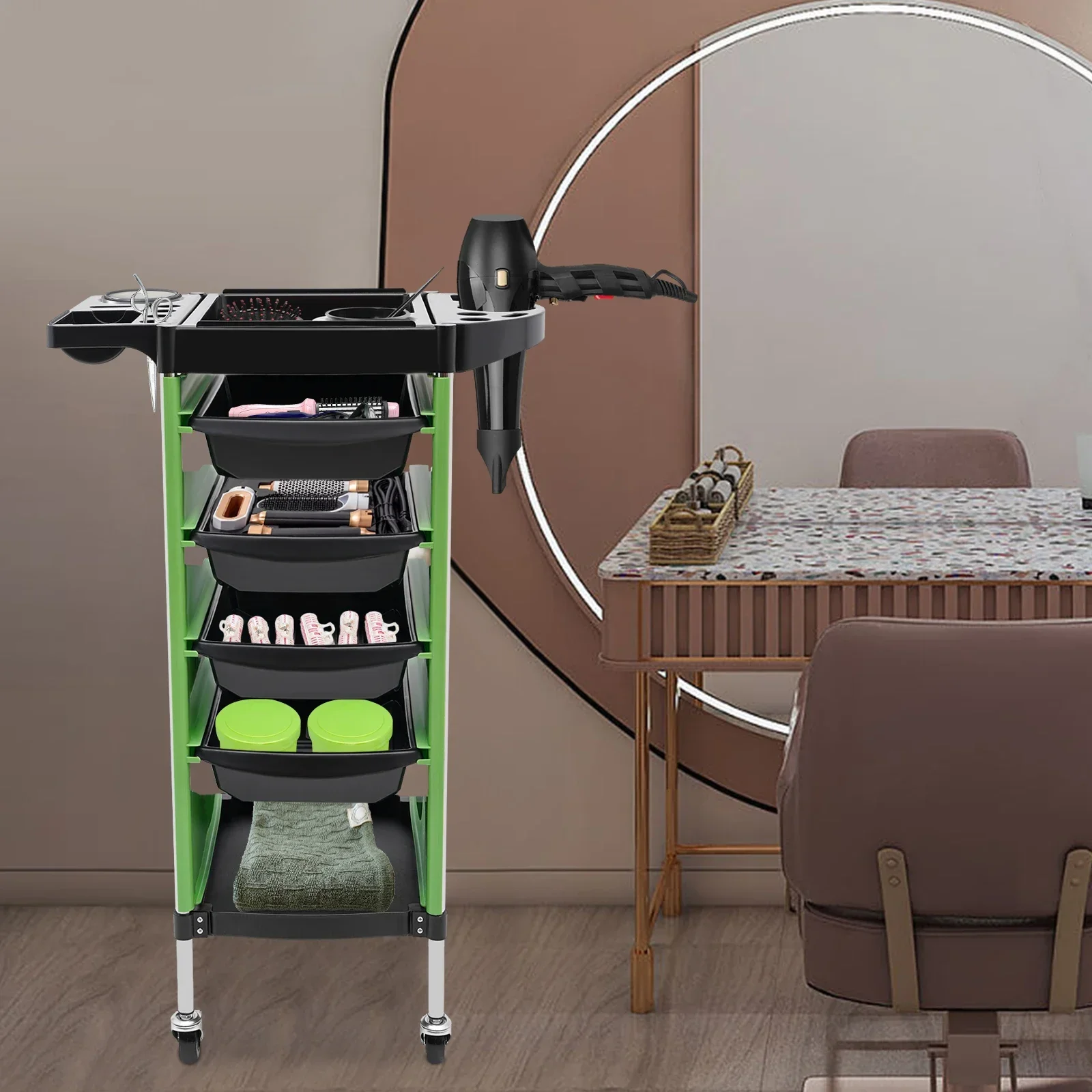 Carrello da salone con 4 cassetti, carrello da barbiere per parrucchiere a 6 livelli, carrello per attrezzi mobile con carico da 50 kg per carico di strumenti per lo sposo Bianco/Nero/Rosso/Verde