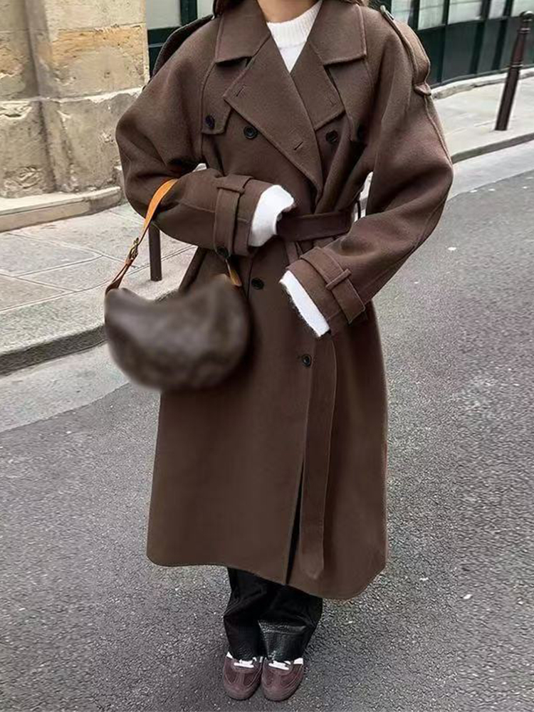Винтажные коричневые пальто из искусственной шерсти, женские двубортные куртки с лацканами и длинными рукавами, осень-зима 2025, уличная женская верхняя одежда