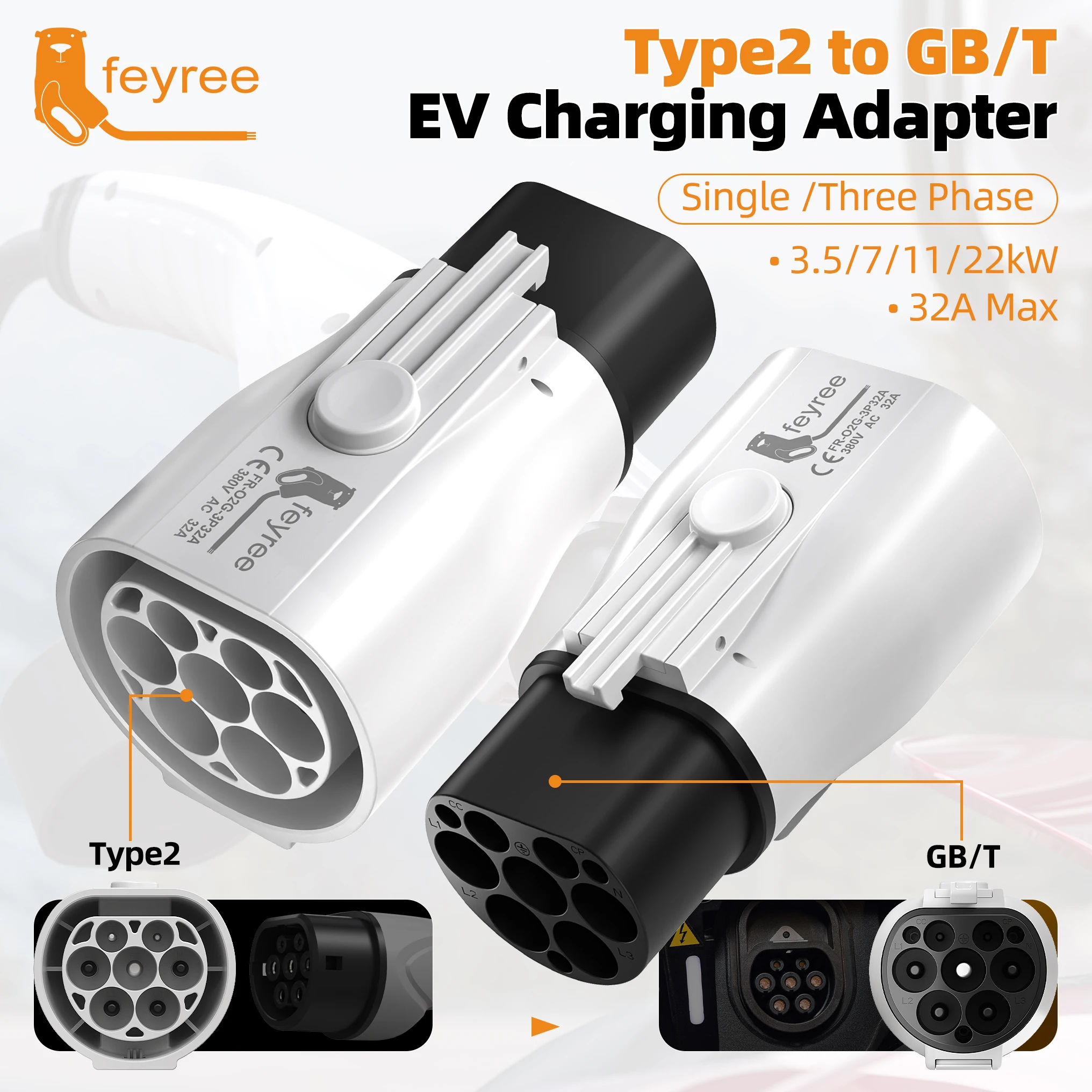 Адаптер зарядного устройства Feyree EV Type2 в GB/T 32A 22KW 3P для стандартного электромобиля в Китае 7KW 32A 1P Автомобильный разъем EV