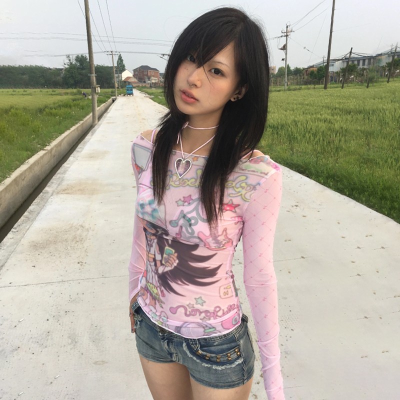 Karrram-Tops de malla con estampado de Anime japonés Y2k, estética Rosa transparente, Vintage, Harajuku, Kawaii, Lolita, 2000s