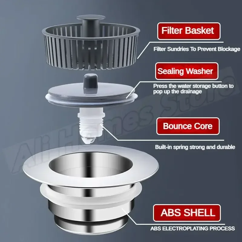 ห้องครัวกรองอ่างล้างจาน 3 ใน 1 Pop Up ABS Silver Plated Sink Strainer ตะกร้าระบายน้ําหยุดการอุดตัน Bouncing Core Leak-proof Plug