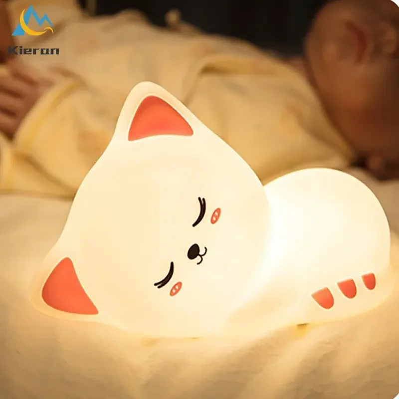 Gato de silicone macio sete cores led luzes da noite usb recarregável crianças bebê lâmpada chão criativo dos desenhos animados decoração do quarto luz
