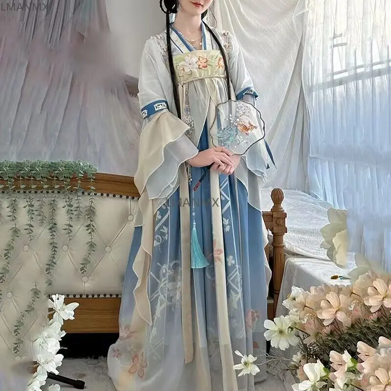 Hanfu ชุดนางฟ้าจีนโบราณชุดคอสเพลย์ผู้หญิงโบราณชุด Hanfu ชุดนักเรียนสีเขียวและสีฟ้าขนาดใหญ่พิเศษ