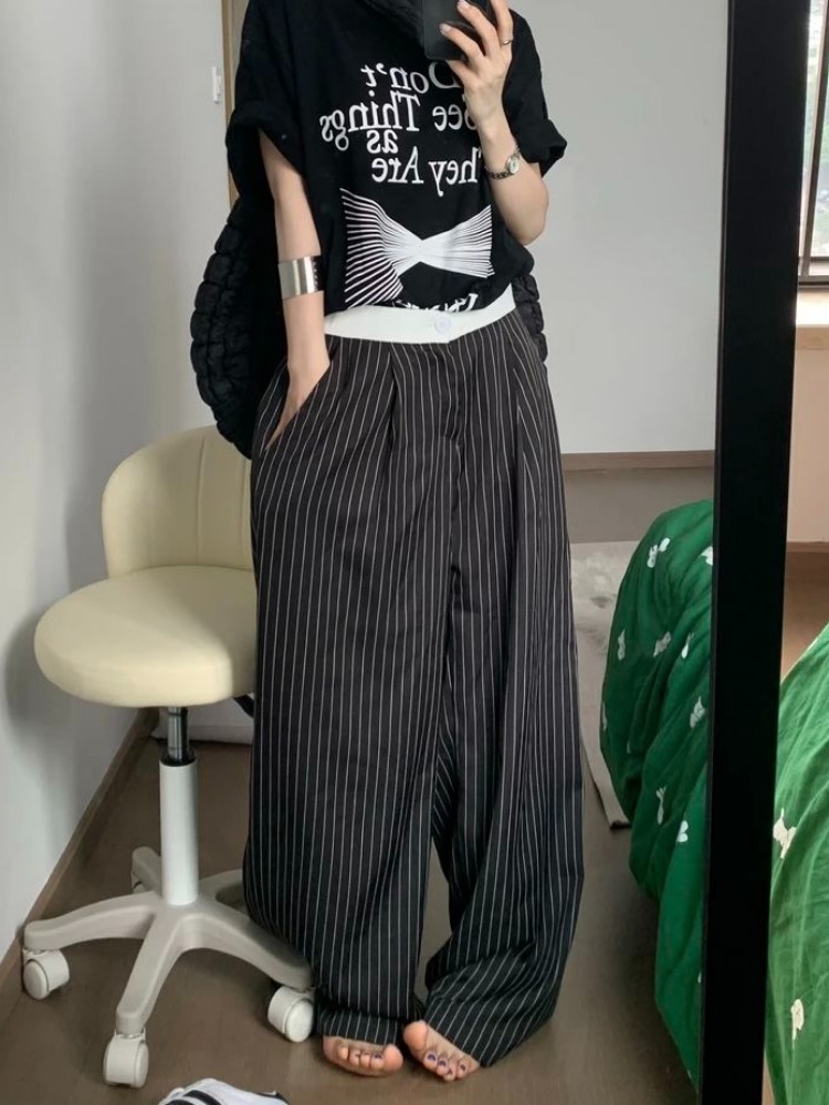 HOUZHOU noir rayé costume pantalon femme Baggy Y2k Vintage Style coréen pantalon surdimensionné Harajuku mode bureau dame pantalons
