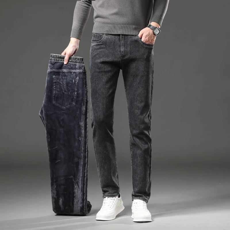 Pantalones vaqueros gruesos y cálidos de lana de invierno para hombre, pantalones vaqueros elásticos rectos ajustados, ropa informal para hombre, pantalones de felpa a la moda